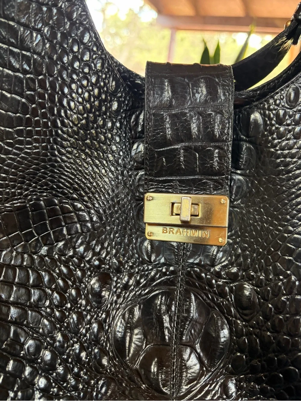 Brahmin Black Croc-Embossed Leather Shoulder Hobo with Gold Hardware